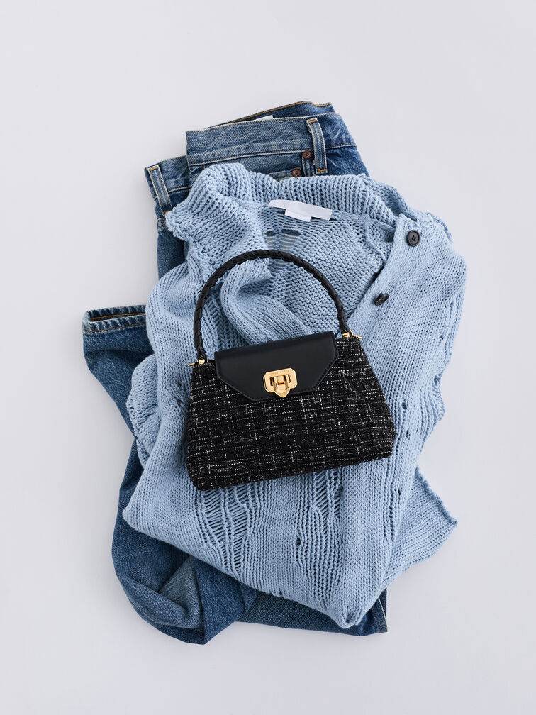 Arwen Tweed Quilted Top Handle Bag, Black Tweed, hi-res