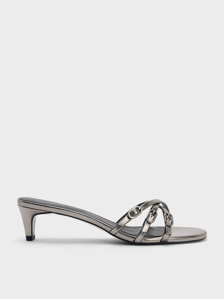Metallic Buckled Strappy Kitten-Heel Mules, Pewter, hi-res