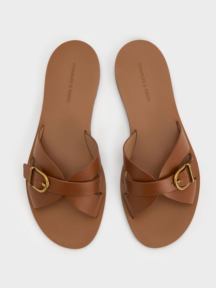 Belted Slide Sandals, Brown, hi-res