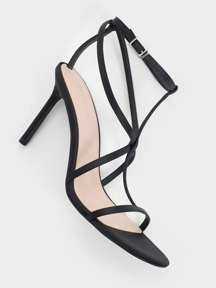 Satin Strappy Stiletto-Heel Sandals, Black Textured, hi-res