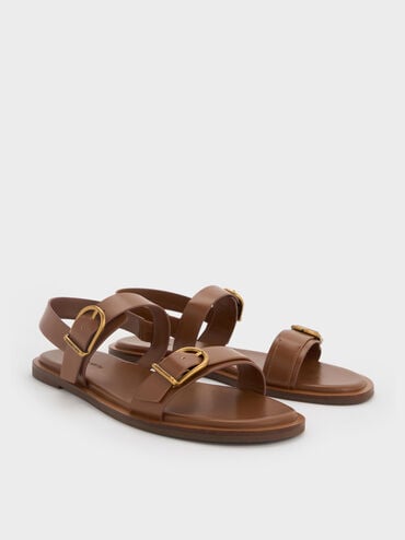 Double Buckle-Strap Slingback Sandals, Brown, hi-res