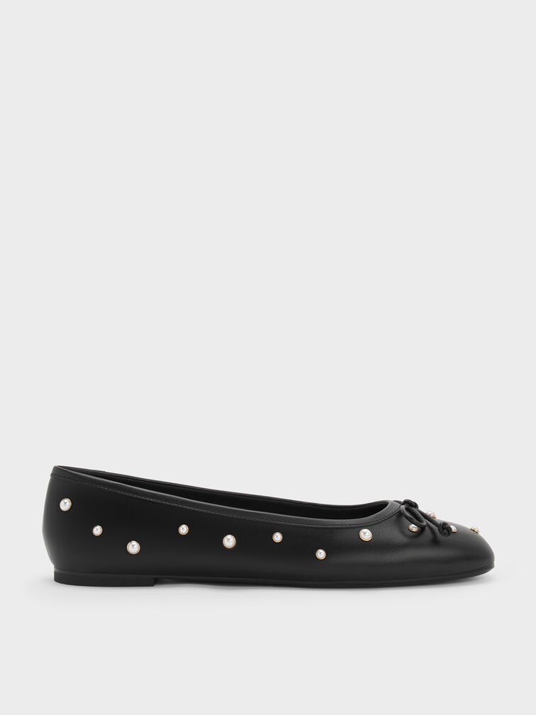 Barbara Pearl-Embellished Bow Ballet Flats, Black, hi-res