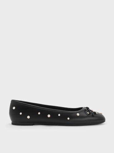 Barbara Pearl-Embellished Bow Ballet Flats, Black, hi-res