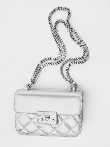 حقيبة ألفا بتصميم مبطن ومقبض على شكل سلسلة ولون معدني, فضي, hi-res
