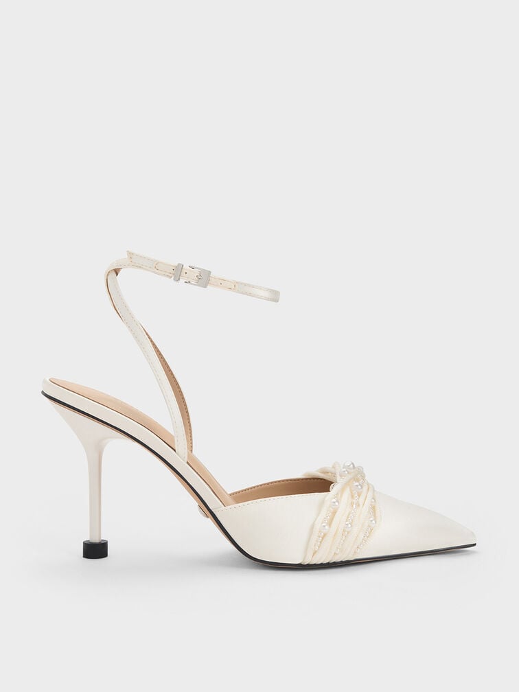 Leda Beaded Satin Ankle-Strap Pumps, White, hi-res