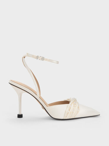 Leda Beaded Satin Ankle-Strap Pumps, White, hi-res