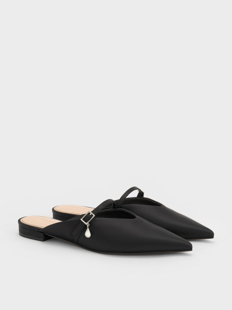 حذاء (مولز) من الساتان بدون كعب، مفتوح من الخلف مزوّد بشريط عند الكاحل مزين بكريستالات على شكل دمعة, أسود خشن, hi-res