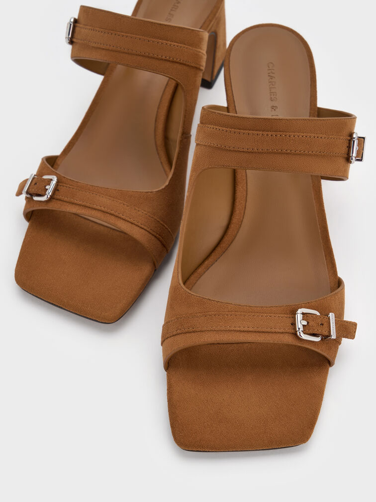 Faux Suede Buckled Double-Strap Heeled Mules, Cognac, hi-res