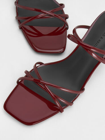 Patent Strappy Square-Toe Kitten-Heel Sandals, Red, hi-res