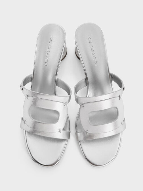 Easley Metallic Cut-Out Cylinder-Heel Mules, Silver, hi-res
