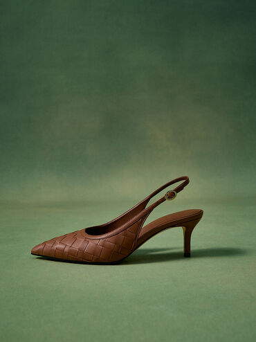 Ivette Woven Pointed-Toe Slingback Pumps, Brown, hi-res