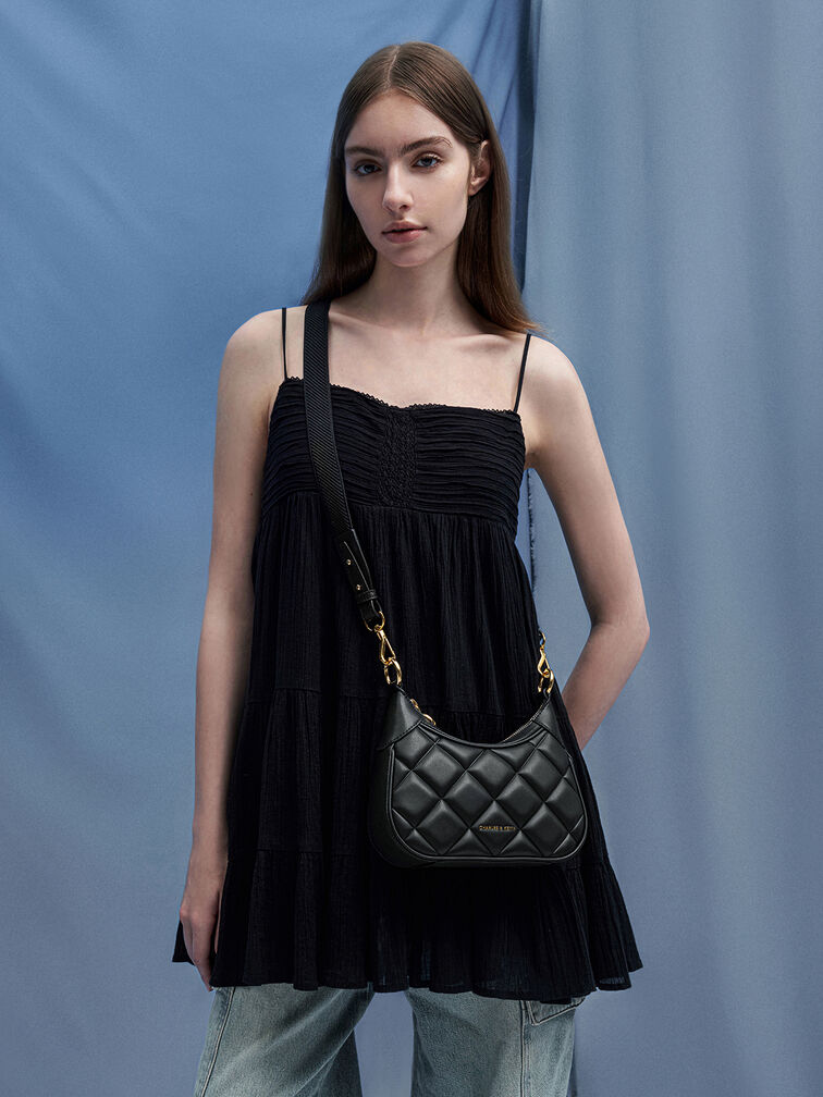 حقيبة ألكوت الصغيرة المبطّنة بمقبض مزيّن بوشاح, أسود, hi-res