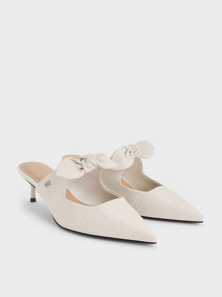 Jayce Crinkle-Effect Leather Knot-Bow Kitten-Heel Mules, White, hi-res