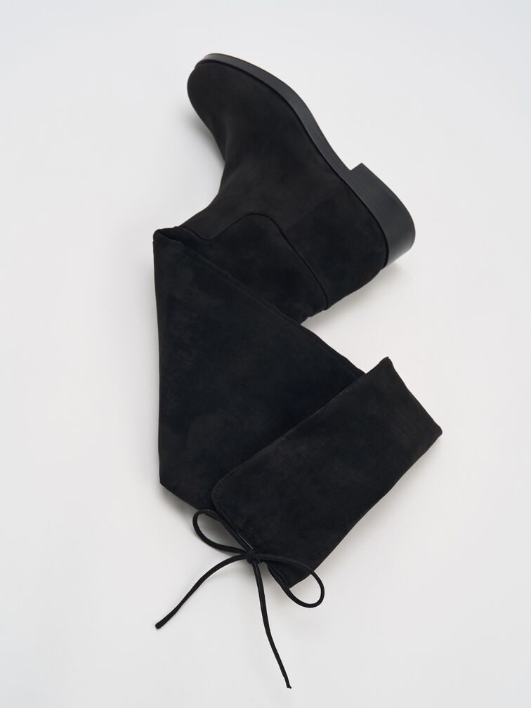 Faux Suede Fold-Over Thigh-High Boots, Black Textured, hi-res
