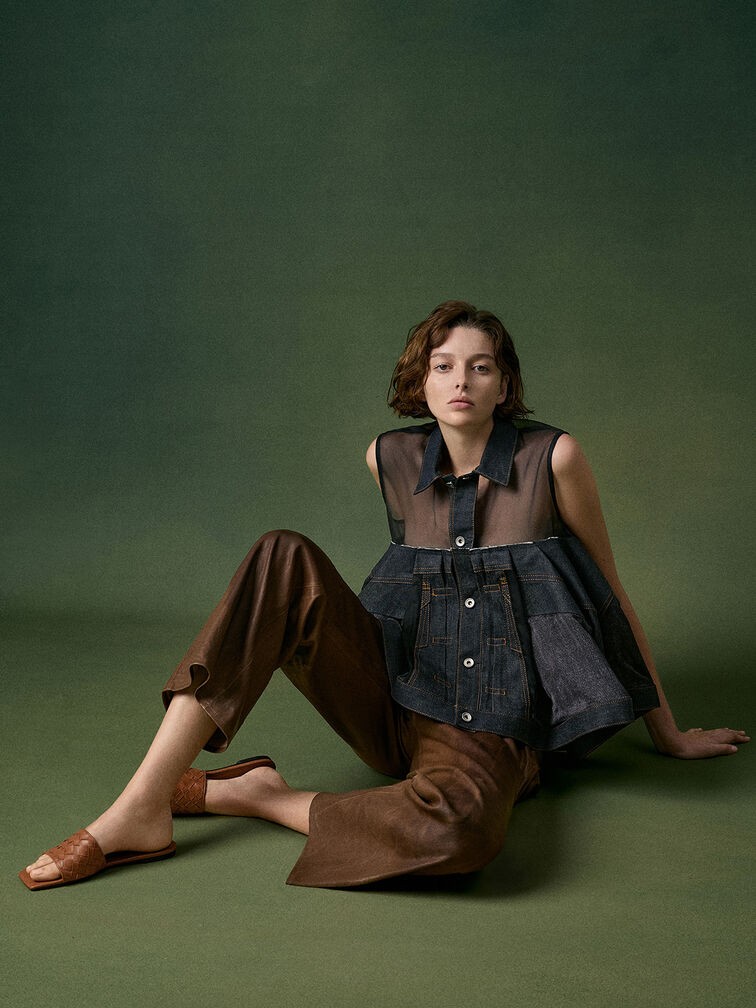 Ivette Woven Slide Sandals, Brown, hi-res