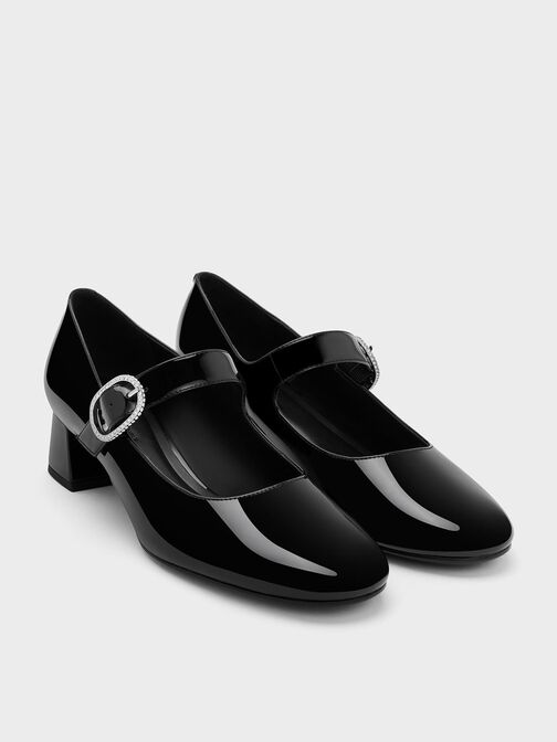 حذاء جاني من الجلد اللامع بكعب وتصميم ماري جين وإبزيم مرصع بالكريستال, أسود براق, hi-res