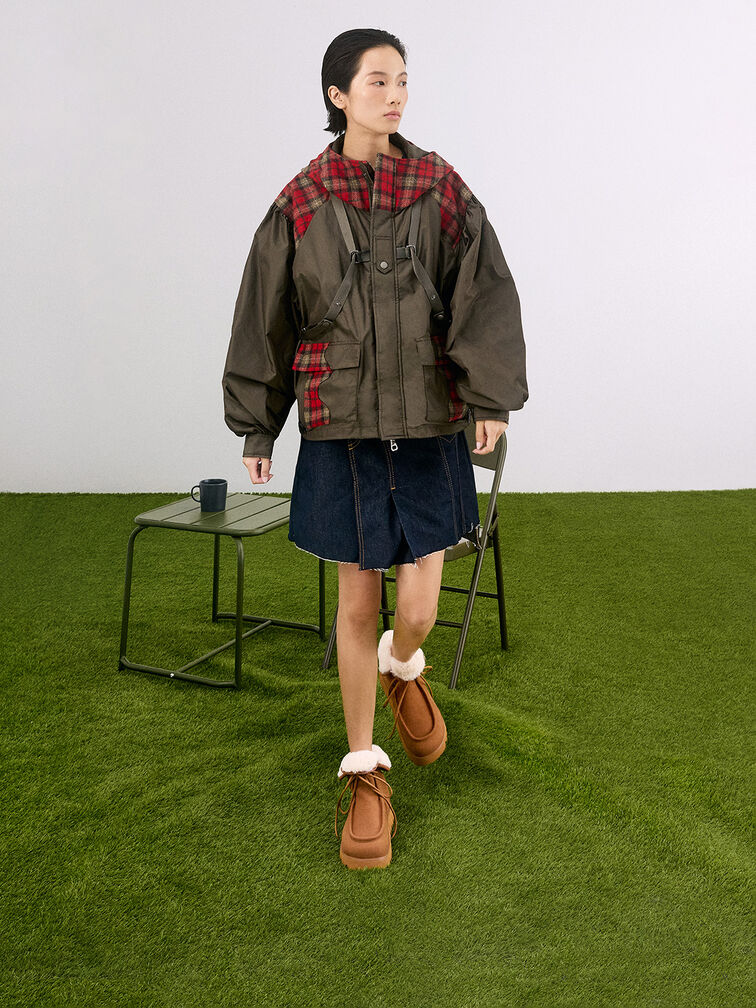 Textured Fur-Lined Ridged-Sole Ankle Boots, Brown, hi-res