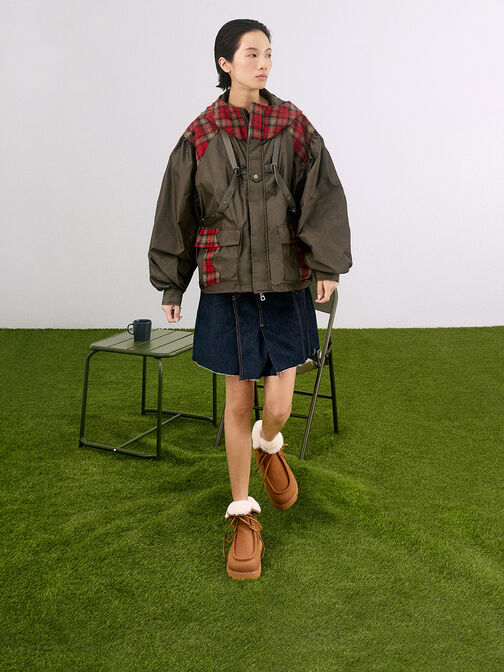 Textured Fur-Lined Ridged-Sole Ankle Boots, Brown, hi-res