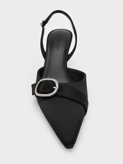 حذاء جاني من البوليستر المعاد تدويره بكعب عالٍ وتصميم مفتوح من الخلف وحزام كاحل مزين بالكريستال, أسود خشن, hi-res