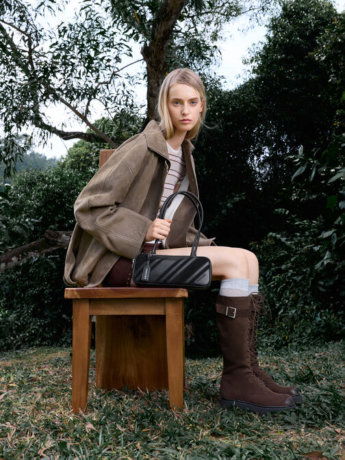 حقيبة كتف زيا مخططة من الشمواه المعاد تدويره, أسود كلاسيكي, hi-res