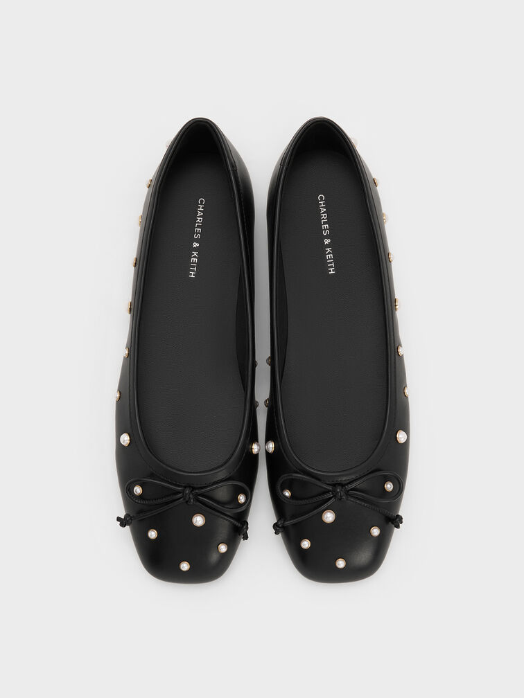 Barbara Pearl-Embellished Bow Ballet Flats, Black, hi-res