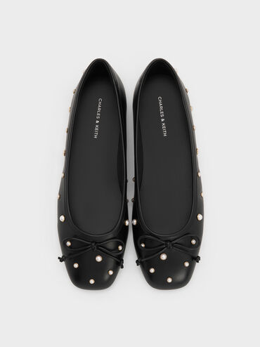 Barbara Pearl-Embellished Bow Ballet Flats, Black, hi-res