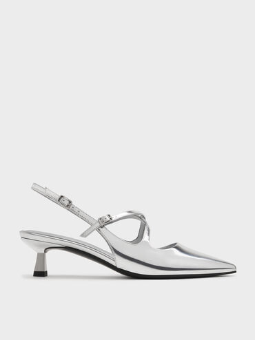 Pauline Metallic Crossover Slingback Kitten Heels, Silver, hi-res