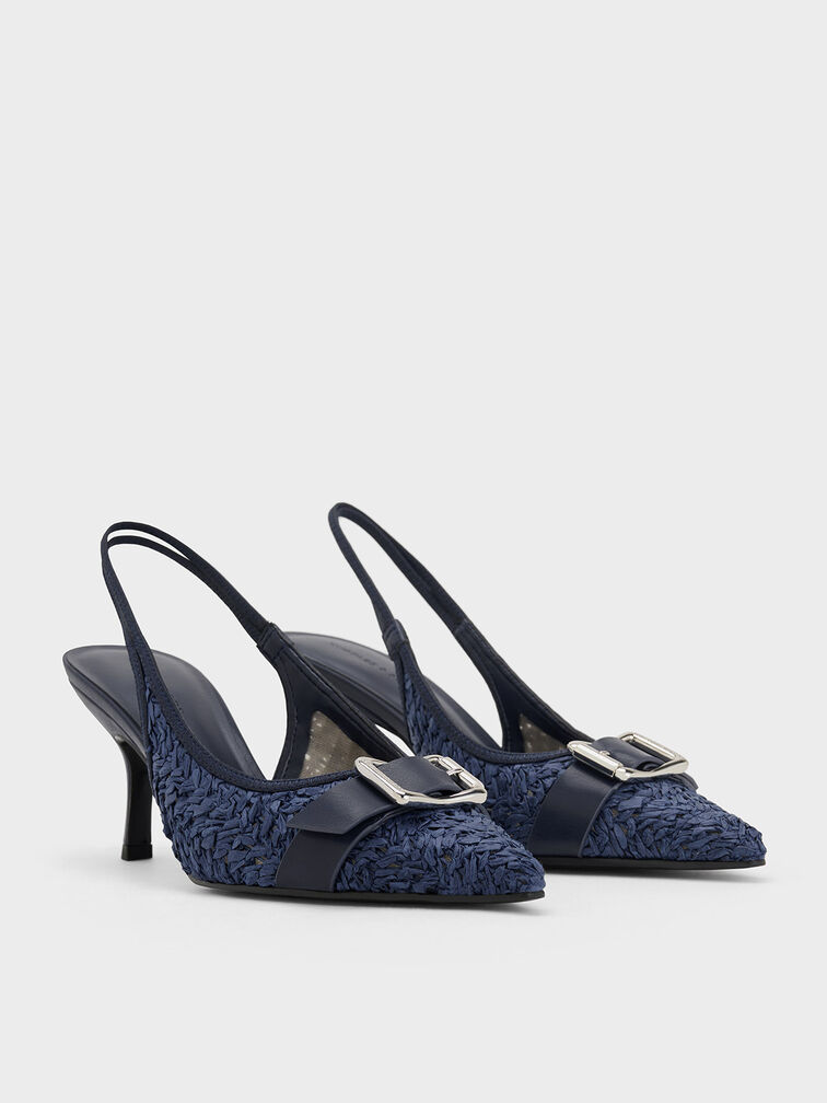 Anita Raffia Buckled Pointed-Toe Slingback Pumps, Dark Blue, hi-res