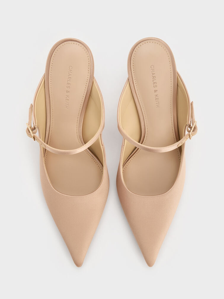 حذاء (مولز) ساتان مفتوح من الخلف، مزوّد بشريط عند الكاحل مزين بكريستالات على شكل دمعة وحزام بمشبك، بكعب طويل ورفيع., ذهبي, hi-res