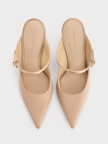 حذاء (مولز) ساتان مفتوح من الخلف، مزوّد بشريط عند الكاحل مزين بكريستالات على شكل دمعة وحزام بمشبك، بكعب طويل ورفيع., ذهبي, hi-res