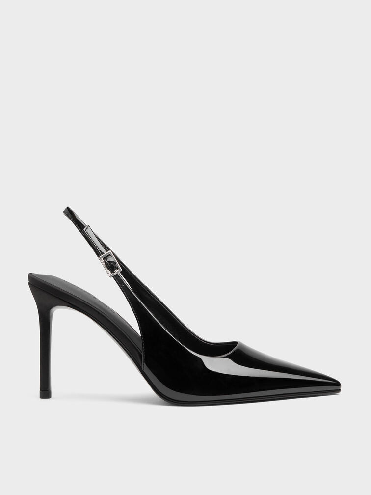 Patent Pointed Slingback Pumps, Black Patent, hi-res