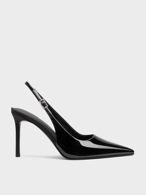 Patent Pointed Slingback Pumps, Black Patent, hi-res