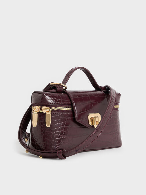 حقيبة مستحضرات تجميل أروين بمقبض علوي ونقشة جلد التمساح, برغندي, hi-res