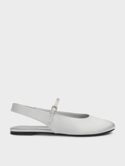 Imani Satin Slingback Flats, Silver, hi-res