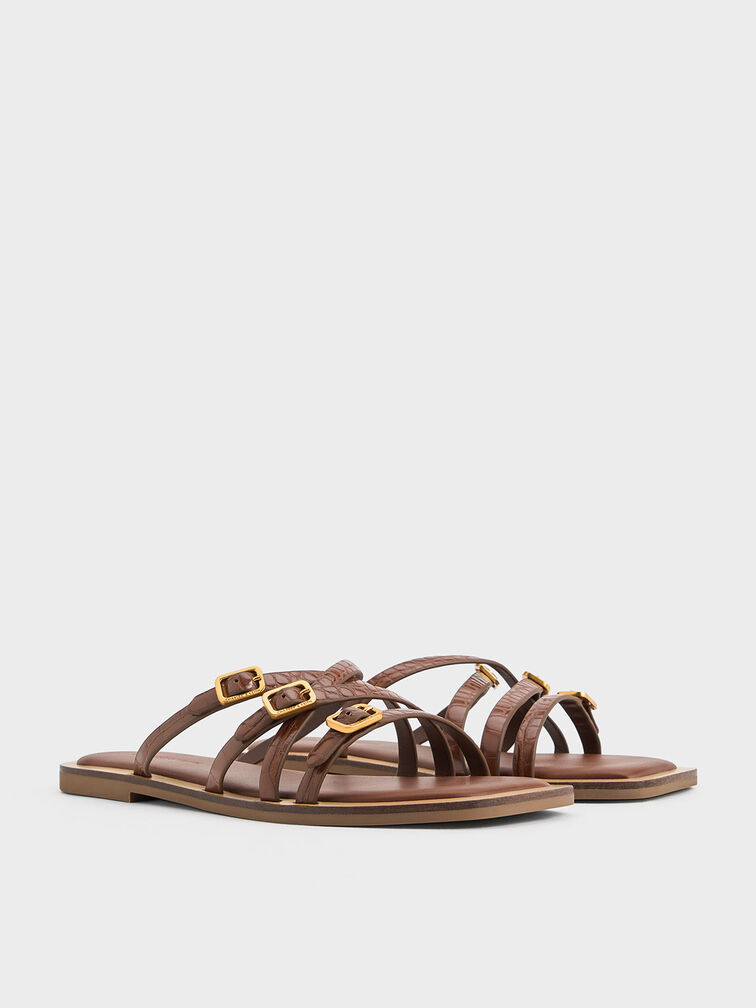 Croc-Effect Strappy Buckled Slide Sandals, Animal Print Brown, hi-res