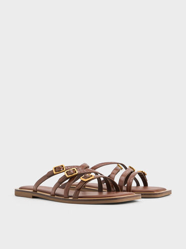 Croc-Effect Strappy Buckled Slide Sandals, Animal Print Brown, hi-res