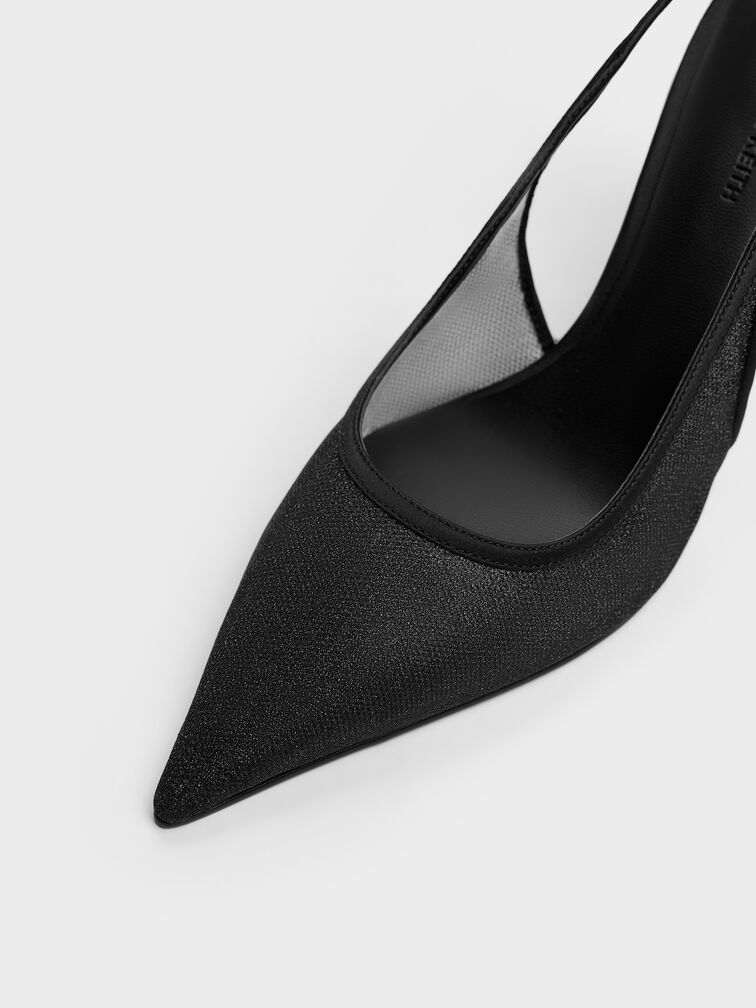 Glittered Mesh Pointed Slingback Pumps, Black Textured, hi-res