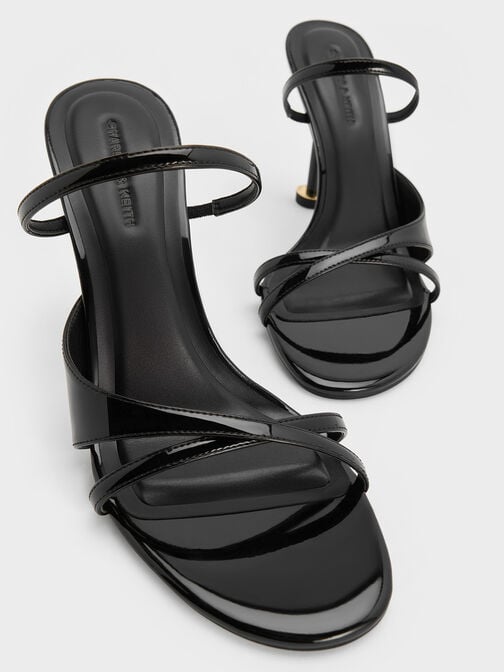 Wynn Patent Crossover Sculptural-Heel Strappy Mules, Black Patent, hi-res