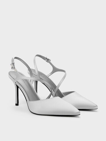 Cordelia Pointed Slingback Pumps, Silver, hi-res