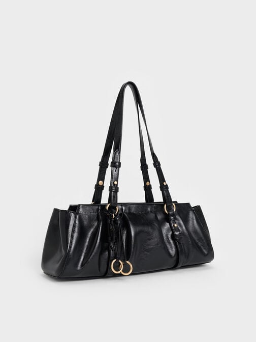 Britton Ruched Elongated Shoulder Bag, Black, hi-res