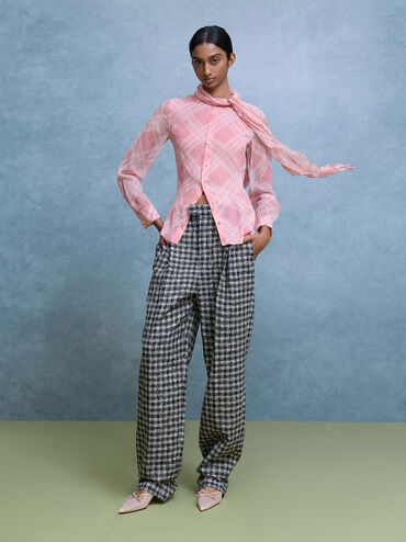 حذاء بكعب قصير وفيونكة من القماش الشبكي اللامع, وردي, hi-res