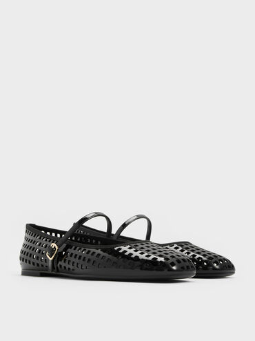 Patent Perforated Mary Jane Flats, Black Patent, hi-res