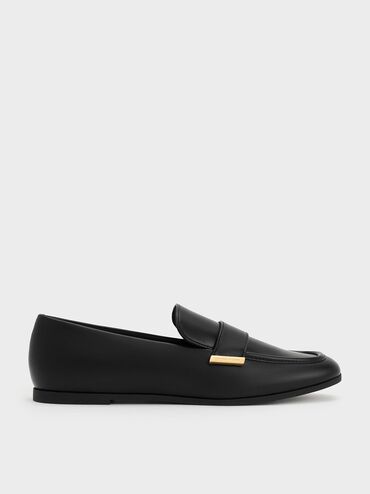 Almond-Toe Flat Loafers, Black, hi-res