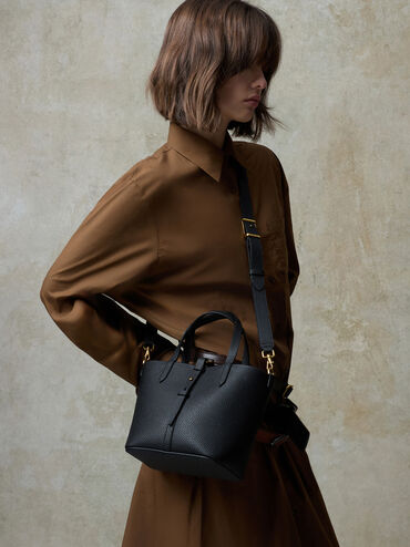 شنطة دلو بريل بجلد معاد تدويره بيد مزدوجة, أسود, hi-res