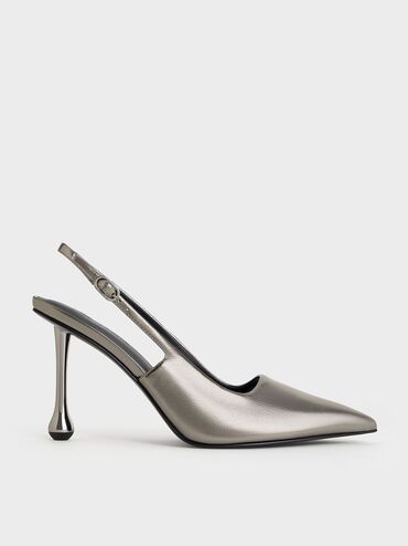 Metallic Sculptural-Heel Pointed-Toe Pumps, Pewter, hi-res