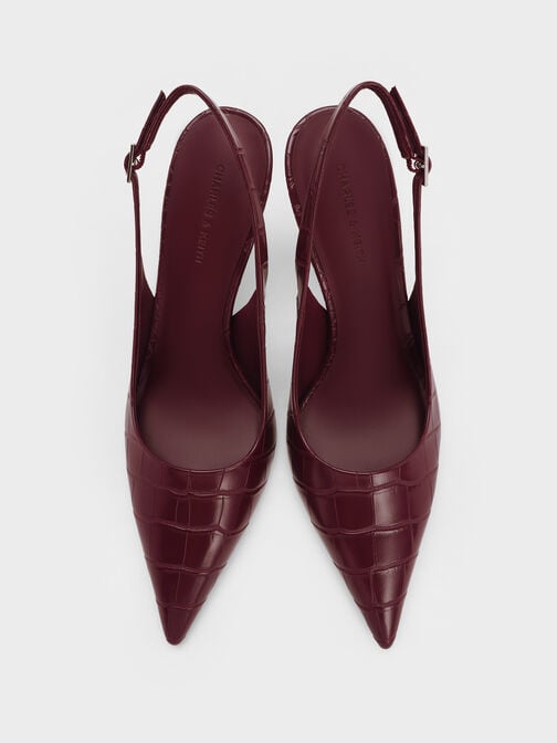 Croc-Effect Pointed-Toe Slingback Pumps, Animal Print Burgundy, hi-res