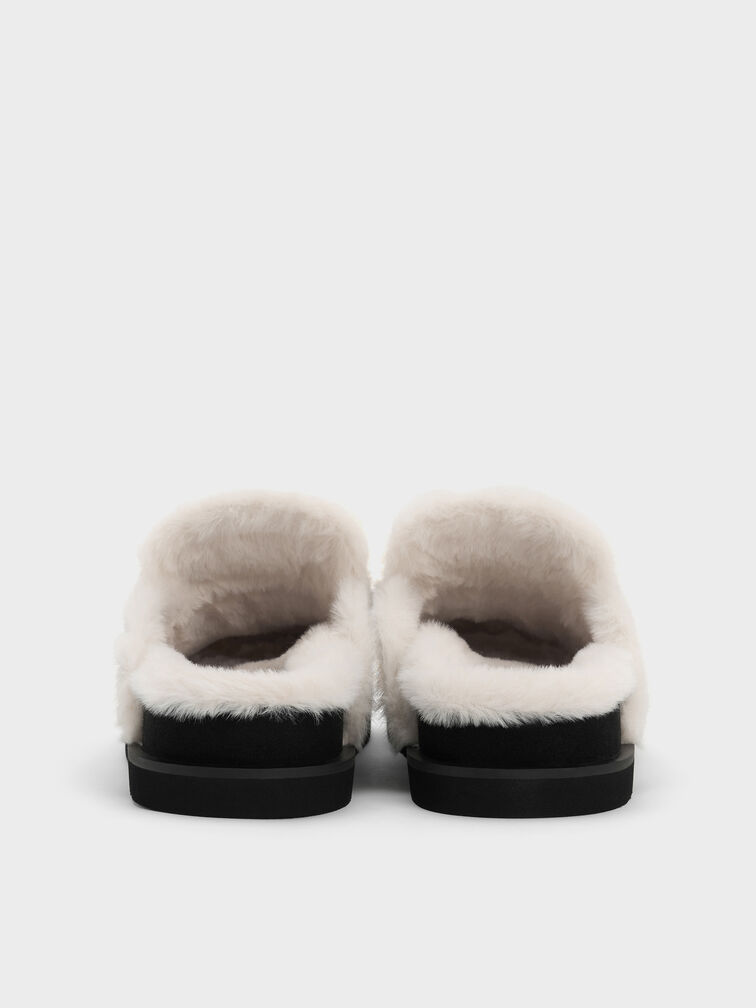 Furry Flatform Mules, Black Textured, hi-res