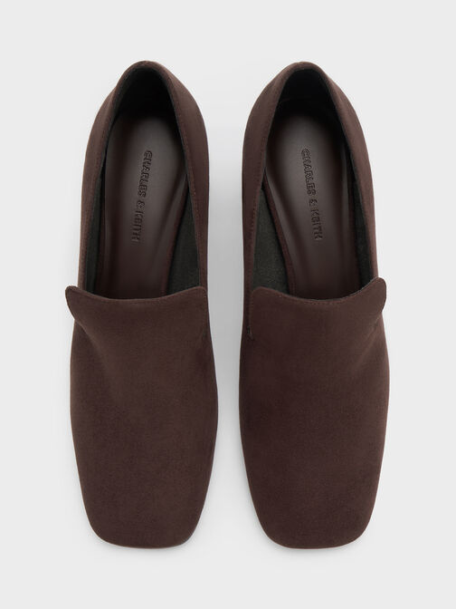 Faux Suede Square-Toe Block-Heel Loafer Pumps, Dark Brown Textured, hi-res