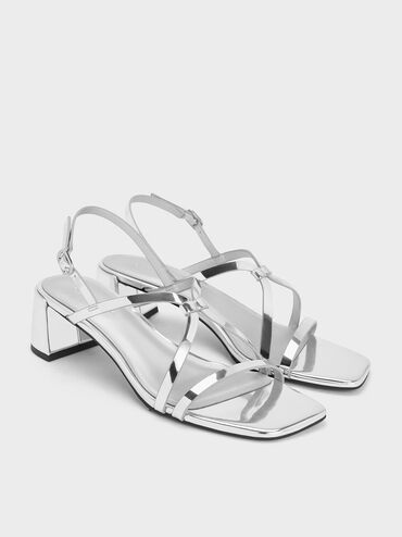 صندل بكعب مربع ومظهر معدني وتصميم سلينجباك مفتوح الظهر مزين بأشرطة, فضي, hi-res