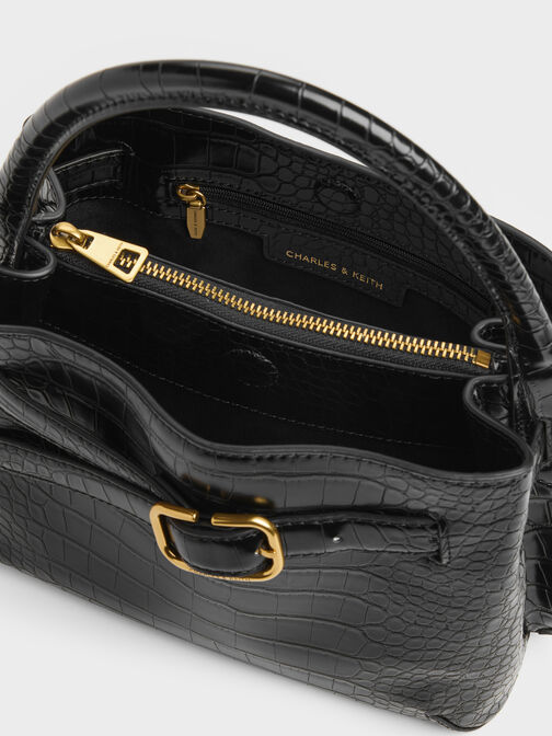Victoria Croc-Effect Belted Top Handle Bag, Black Croco, hi-res